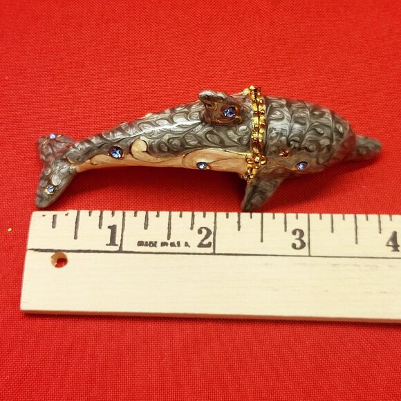 Metal Enamel Dolphin Trinket Box Hinged Rhinestone Accents - Picture 10 of 15